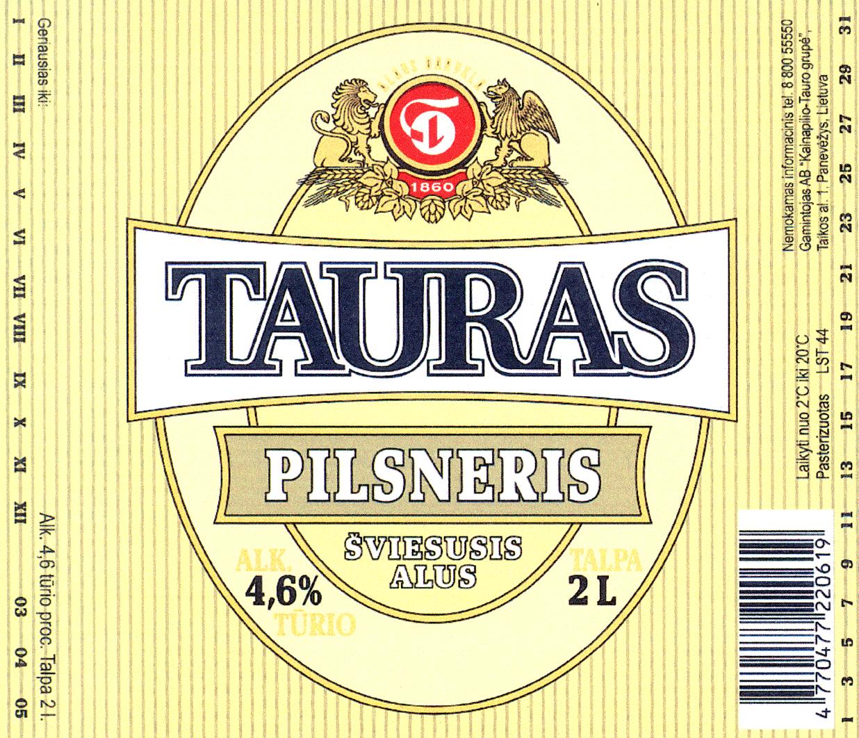 Prekės ženklas: T 1860 TAURAS PILSNERIS ŠVIESUSIS ALUS